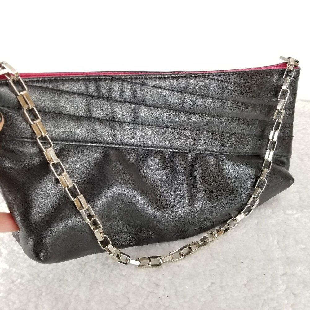 Victorias Secret Faux Black Leather‎ Clutch With Silver Chain Strap 《312》P